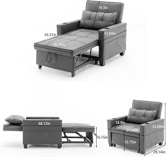 Modern Convertible Sleeper Sofa Bed, 3-in-1 Adjustable Futon Couch with Storage & Removable Armrests for Apartment, Studio, Office, Small Spaces (Black)