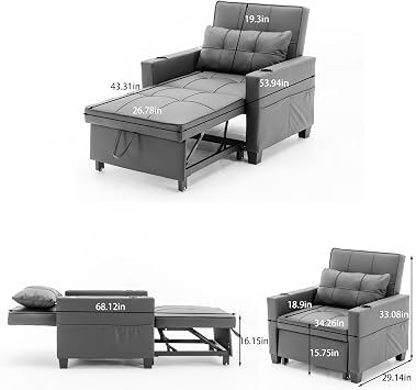 Modern Convertible Sleeper Sofa Bed, 3-in-1 Adjustable Futon Couch with Storage & Removable Armrests for Apartment, Studio, Office, Small Spaces (Black)