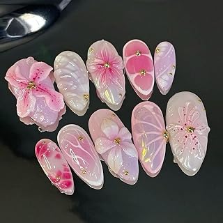 30Pcs Cute Flowers Press on Nails Medium Almond Fake Nails 3D Pink White Flower False Nails with Beads Charms Designs Nail Water Ripples Bubble Glue on Nails Floral Texture Stick on Nail for Women