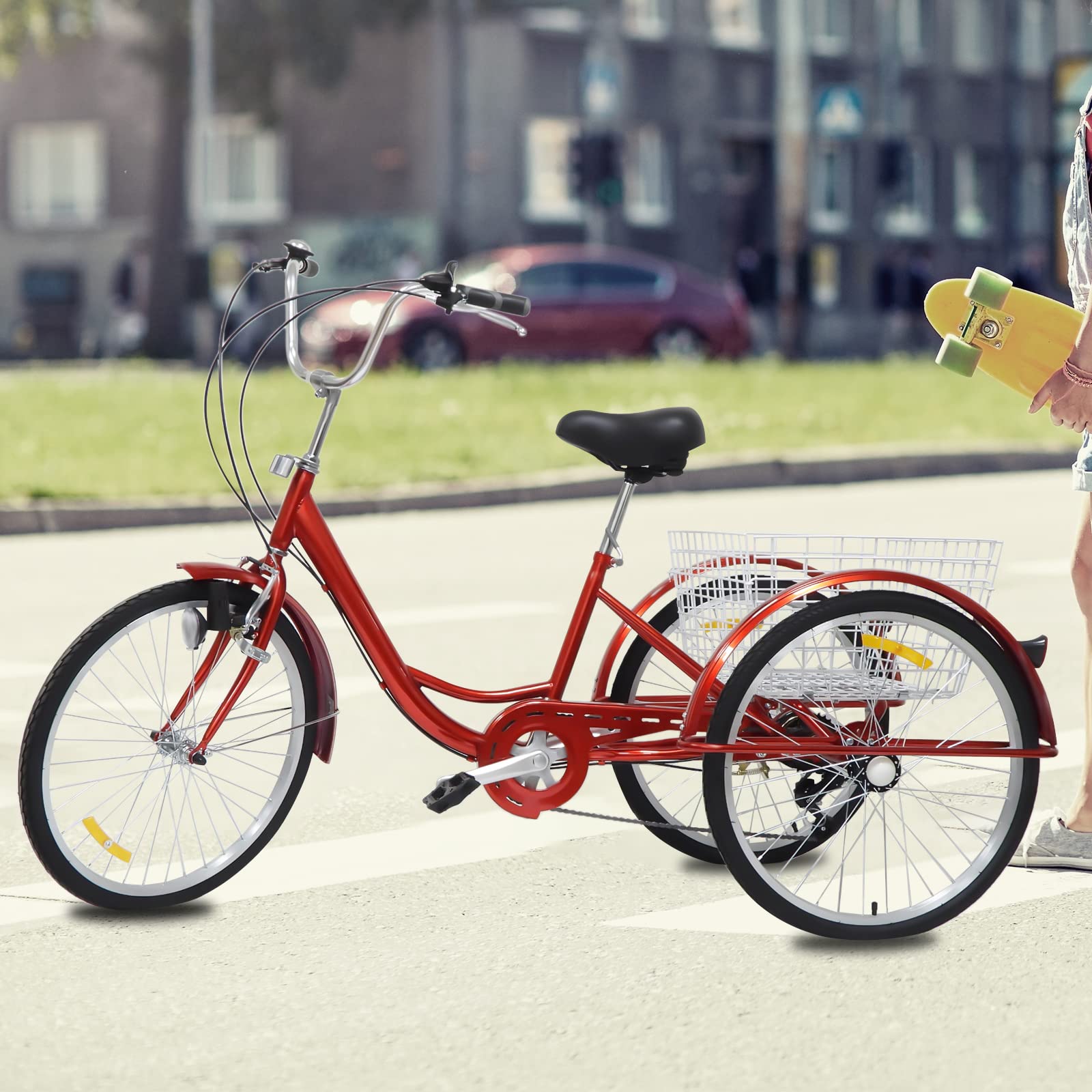 Tricycle adulte de 24 pouces 6 vitesses avec panier et lumière, vélo cruiser à trois roues pour les loisirs, le shopping, les pique-niques (rouge)
