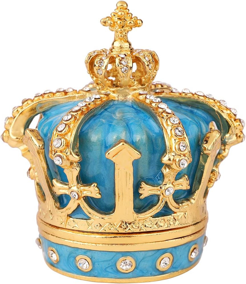 QIFU Hand Painted Sky-Blue Royal Crown Style Decorative Enameled Trinket Box Hinged, Unique Gift for Family