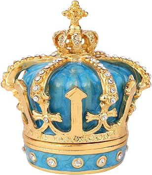 QIFU Hand Painted Sky-Blue Royal Crown Style Decorative Enameled Trinket Box Hinged, Unique Gift for Family