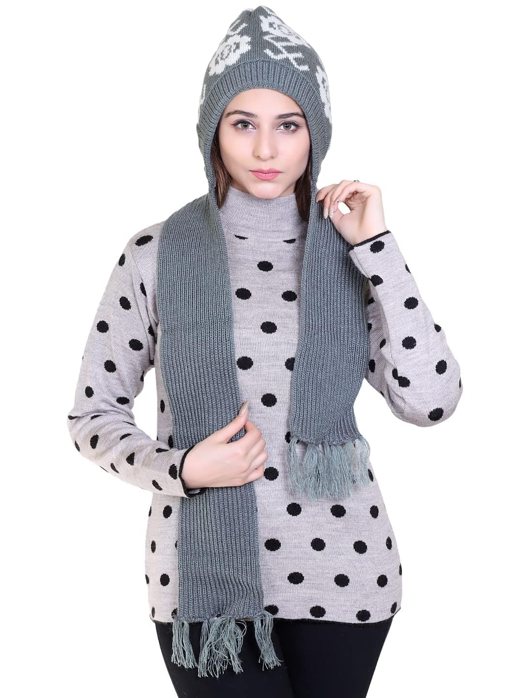Women's Soft Knitted Winter Warm Woolen Cap with Woolen Lovely Muffler|Fur Cap with Muffler Black