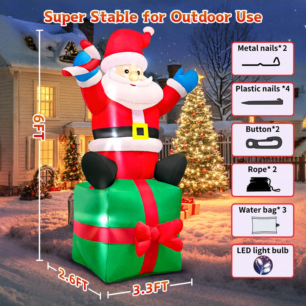 KOOY Père Noël gonflable de 1,8 m assis sur une boîte cadeau, décoration de jardin gonflable, lumières LED pour fête de Noël, décoration de pelouse extérieure