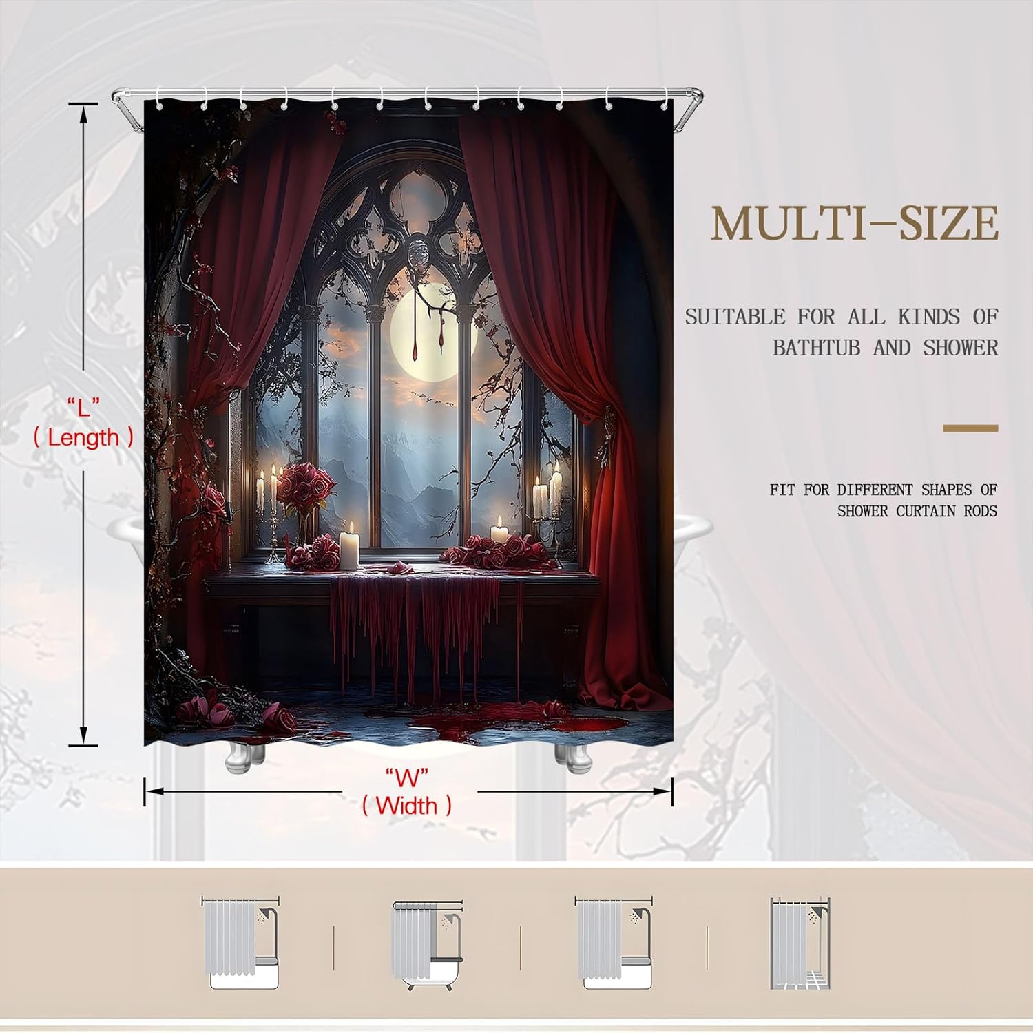 Gothic Castle Shower Curtain Full Moon Night Vintage Medieval Enchanted Castles Witchcraft Red Rose Rustic Spooky Landscape Fabric Bathroom Decor Set with Hooks