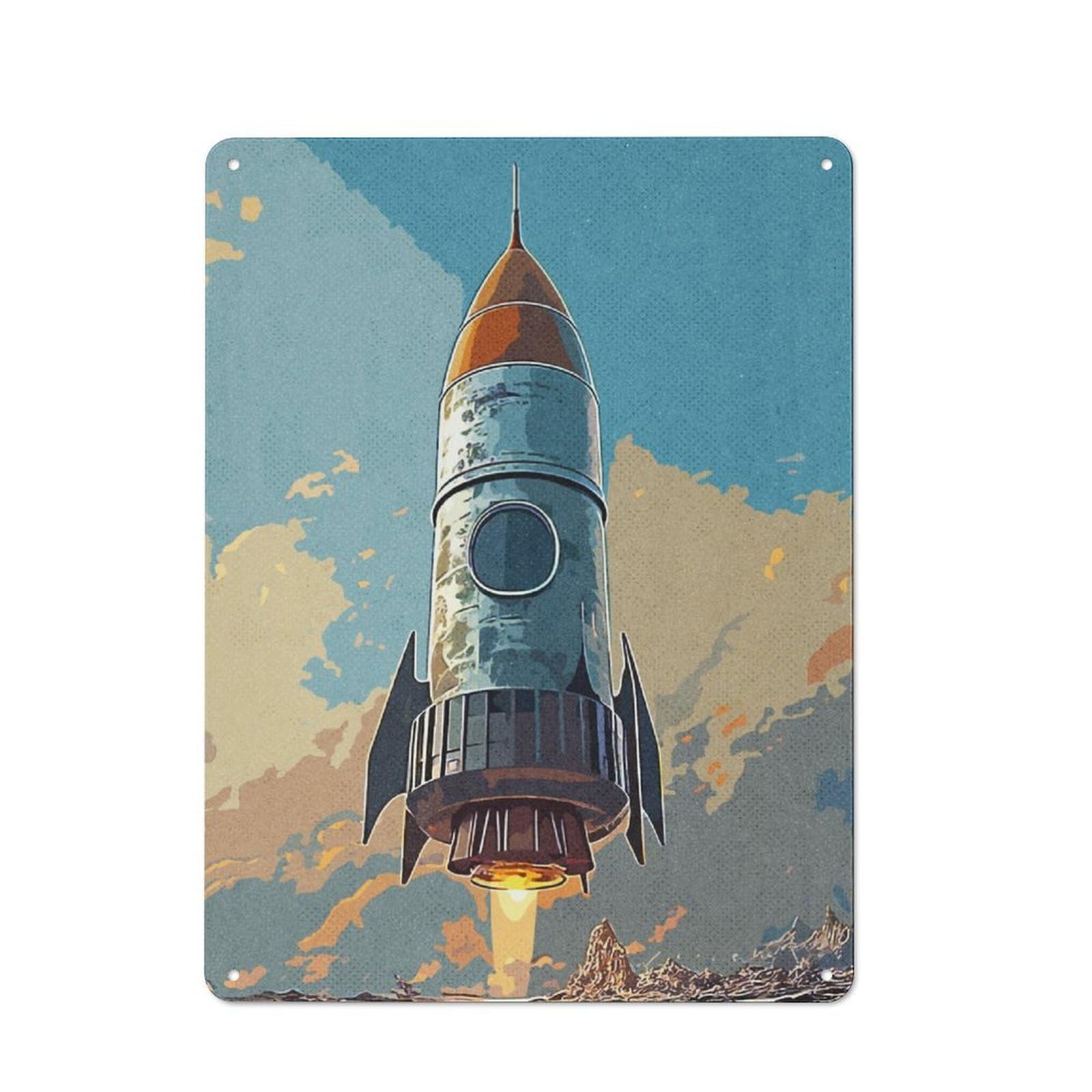Junmoney Vintage Rocket Rustic Metal Sign 40X30cm For Guest Room Or Hallway, Suited To Hallway Wall Decor Fans