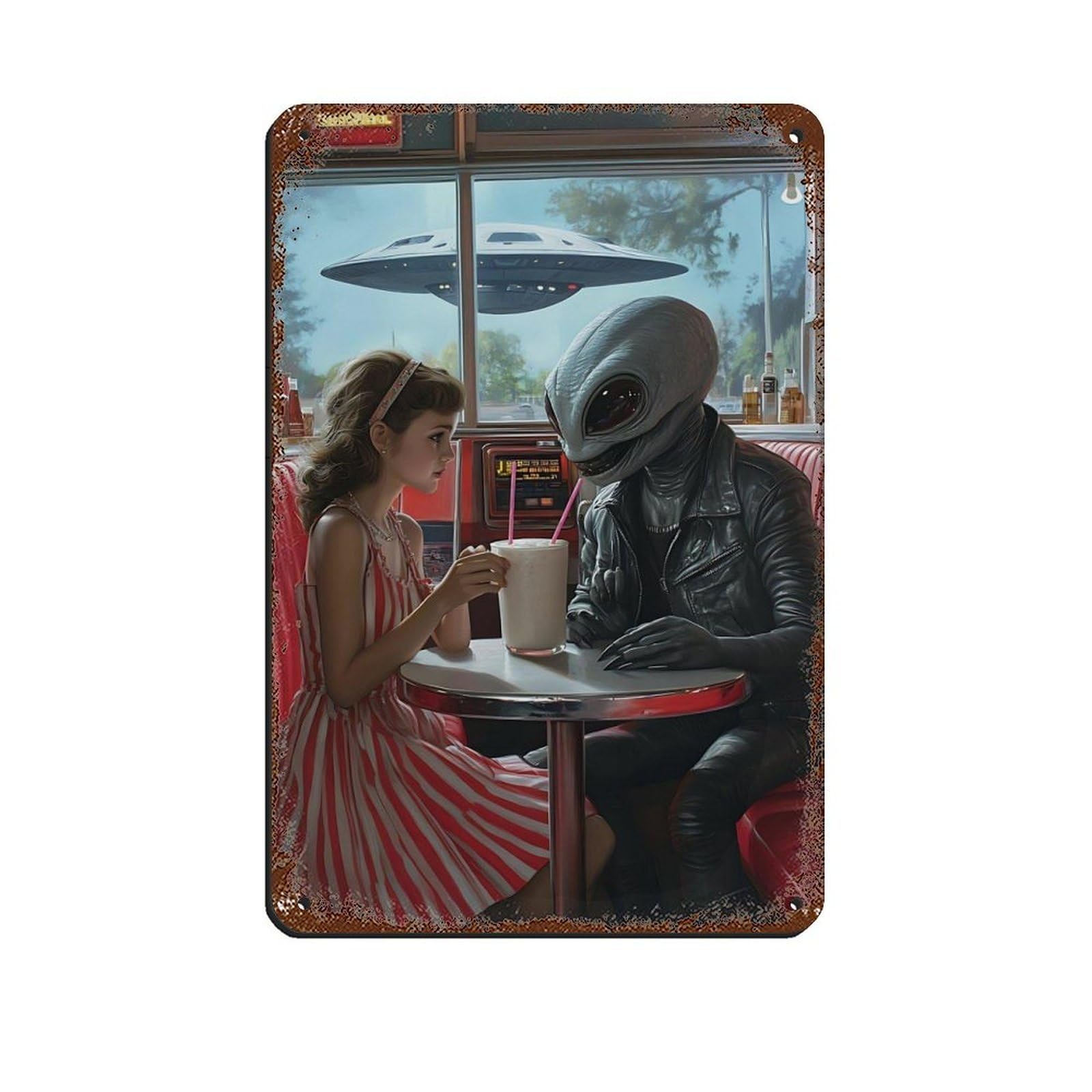 Lxwnze 20L X 30W Cm Alien Diner Encounter, Retro Sci-Fi Art Retro Poster Metal Tin Sign Chic Art Retro Iron Painting Bar People Cave Cafe Family Garage Poster Wall Decoration 8X12inch(20X30cm)