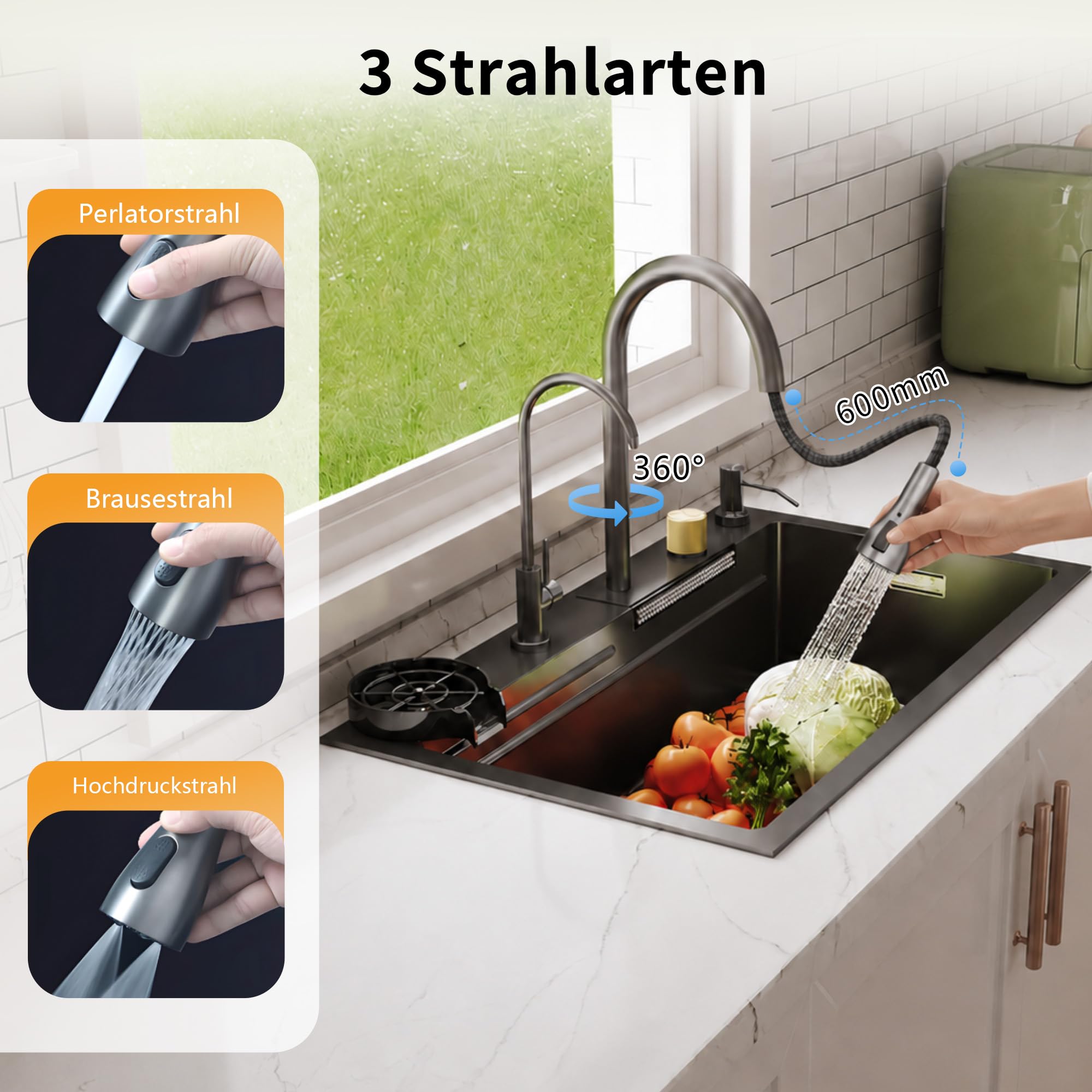 DeerValley Edelstahlspüle, Multifunktionsspüle aus Edelstahl 304 mit ausziehbarem Wasserhahn, Hochdruck-Glasreiniger, Wasserfall, Seifenspender und Arbeitsschiene für Küche - Dunkelgrau