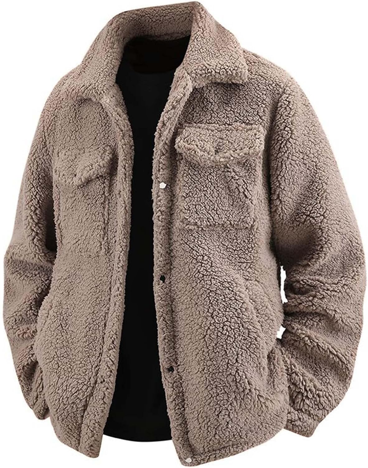 Mens Winter Jacket Fuzzy Sherpa Fleece Jacket Long Sleeve Button Down Lapel Coat Fall Winter Warm Fashion Outwear