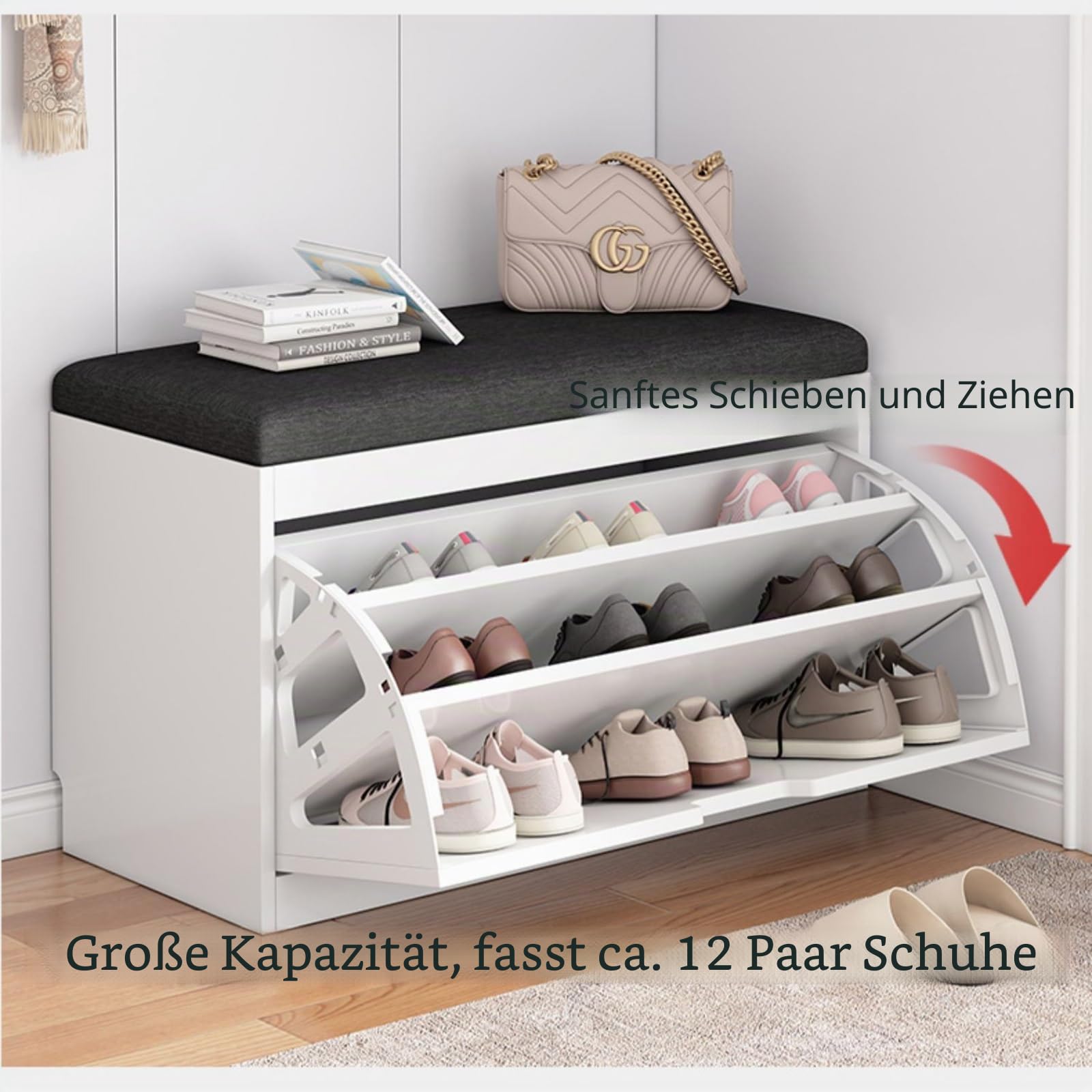 Schuhschrank, Schuhbank mit Bank und Sitzkissen, Schuhregal mit Sitz, Bank mit Sitz- und Aufbewahrungsfunktion, Schuhregal aus Holz mit Stauraum unter der Sitzfläche für Flur und Eingang (Fa Küche, Haushalt &