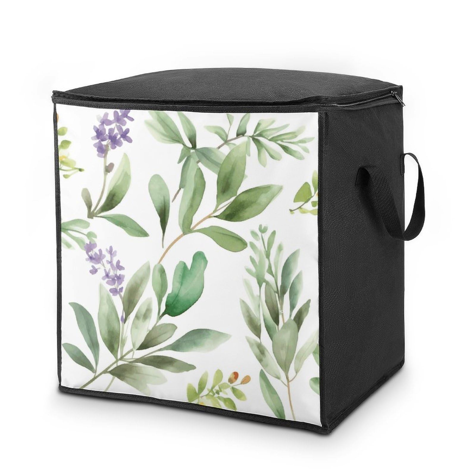 Green Flower Watercolor Herb Sage Leaves And Branches1 Storage Bag with Zippers And Handle Extra Large Bedding Comforter Storage Bag Foldable Blanket Storage Bags Fabric Moving Bags for Closet Organiz