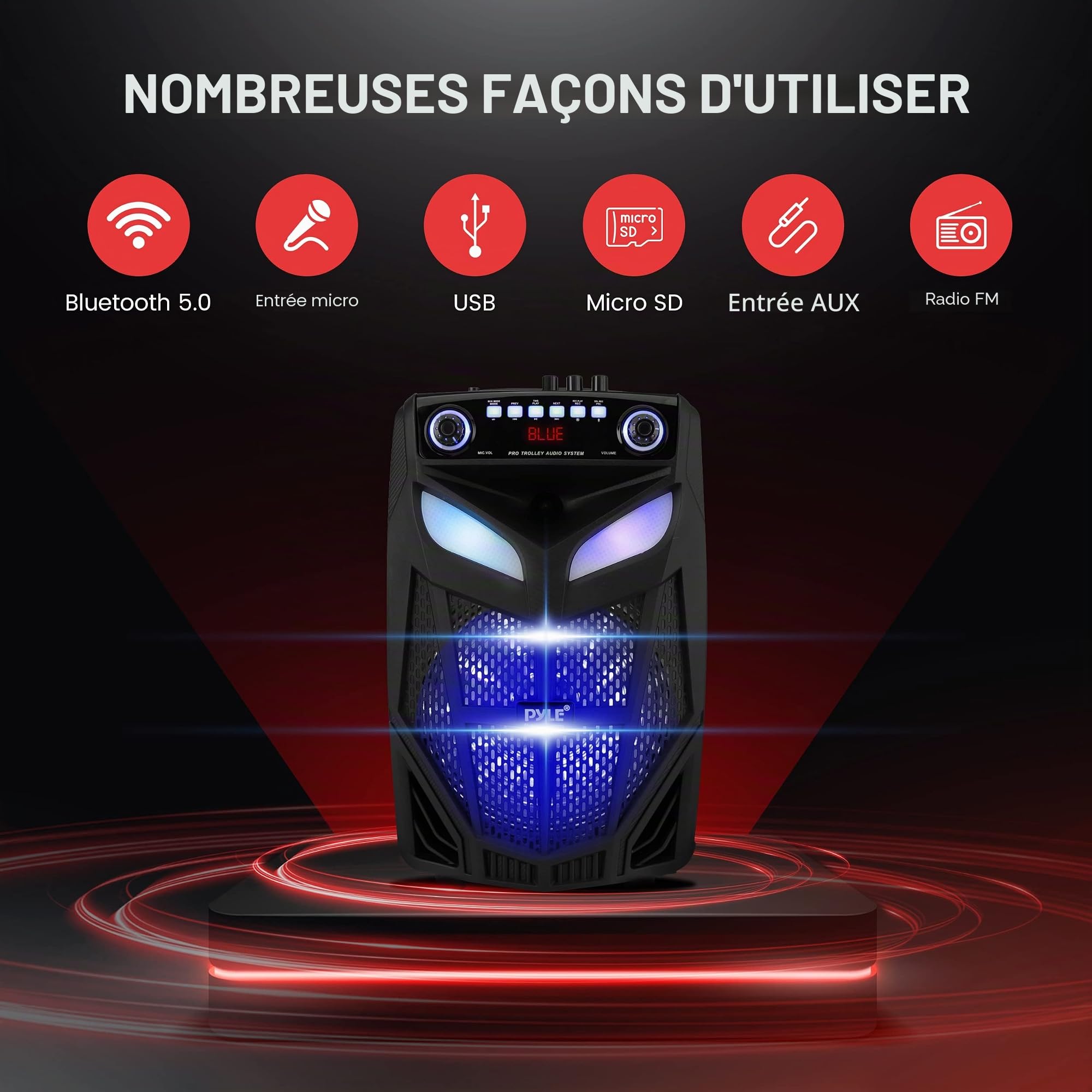 Pyle Enceinte PA Bluetooth Portable 1680 W Max - Haut-Parleur Karaoké 15 Pouces avec Micro sans Fil, Batterie Rechargeable, TWS, Lumières DJ LED, Écran LED, Entrée Micro 6,5 mm, FM, AUX, MP3 USB SD