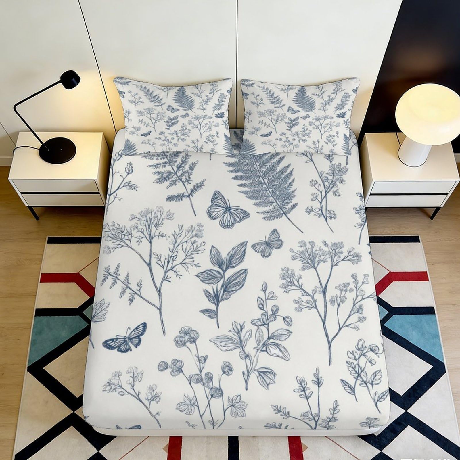 3D Printed Botanical Leaves Fitted Sheet Microfiber Soft Butterfly Mattress Cover for Bedroom Guest Room Decor 90x200x25cm