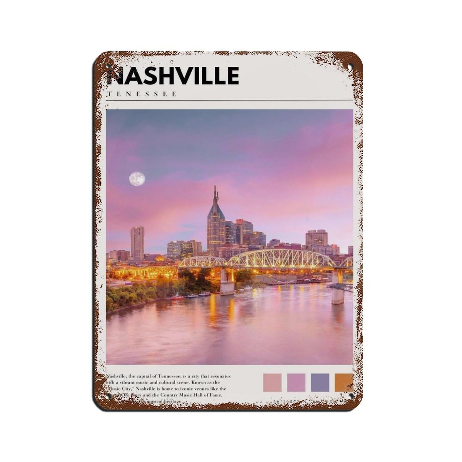 Nashville Tennessee City Poster Nashville Photo Retro Poster Metal Tin Sign Chic Art Retro Iron Painting Bar People Cave Cafe Family Garage Poster Wall Decoration 12x16inch(30x40cm)