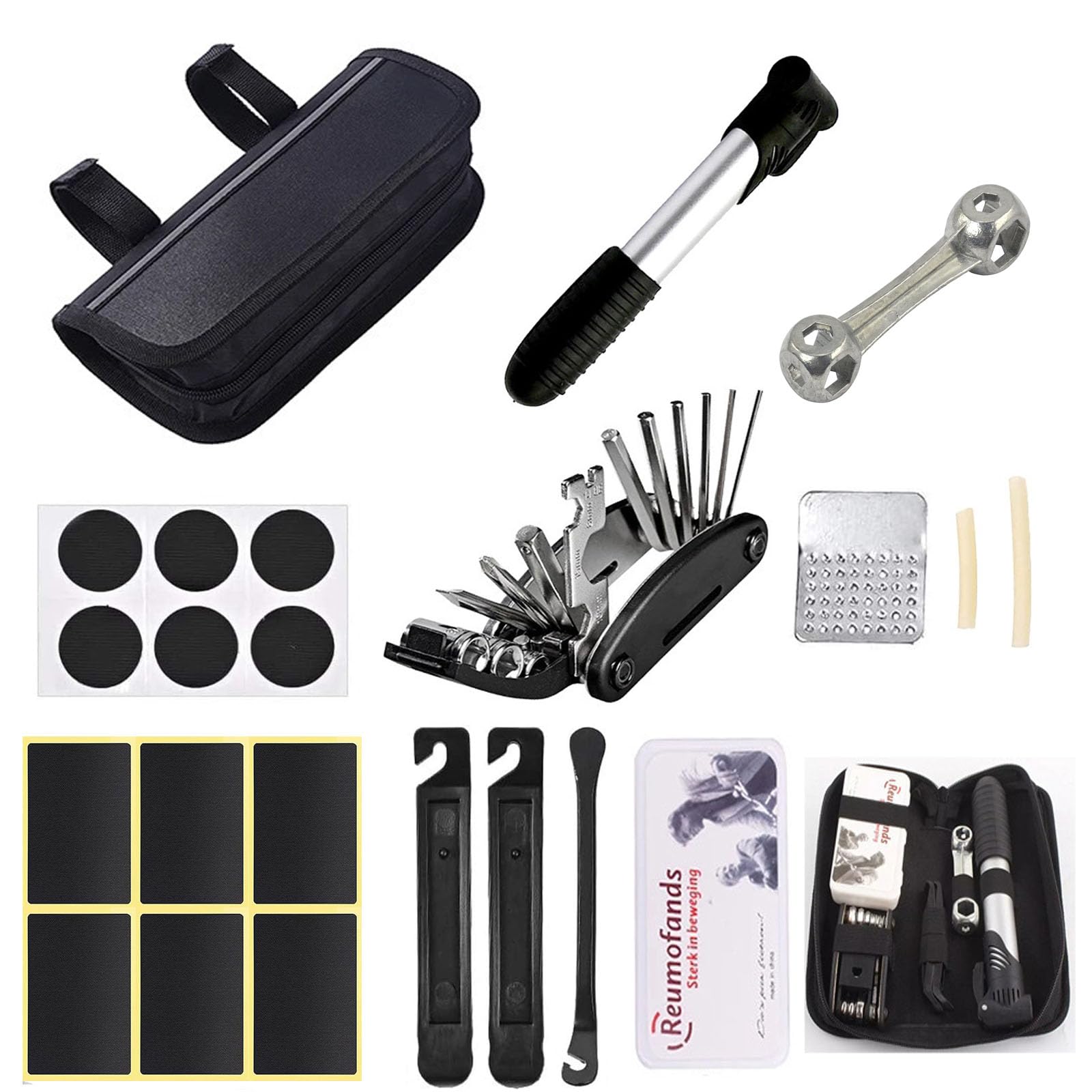 Portable Bike Repair Kit, Professional All-in-One Puncture Repair Set with 16-in-1 Multi-Tool, Mini Bike Pump & Tyre Patches, Universal for Mountain/Road Bikes