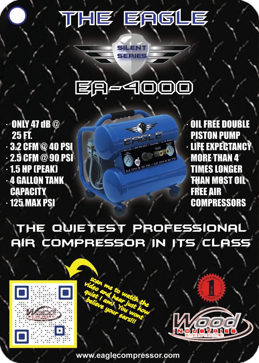 Eagle Silent Series, 1.5 HP, Electric, Oil Free Portable Air Compressor EA-4000