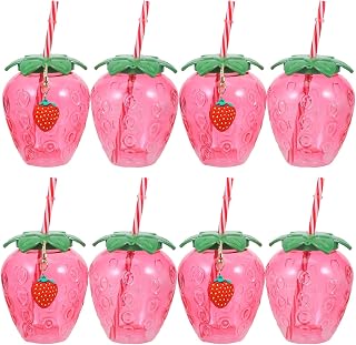 Ipetboom 8 Pack Strawberry Cups with Lids and Straws, 17oz Portable Fruit Theme Party Water Bottles, Cute Summer Drinkware for Iced Coffee and Milk Tea, Fun Red Berry Shaped Tumblers for Hawaiian Luau