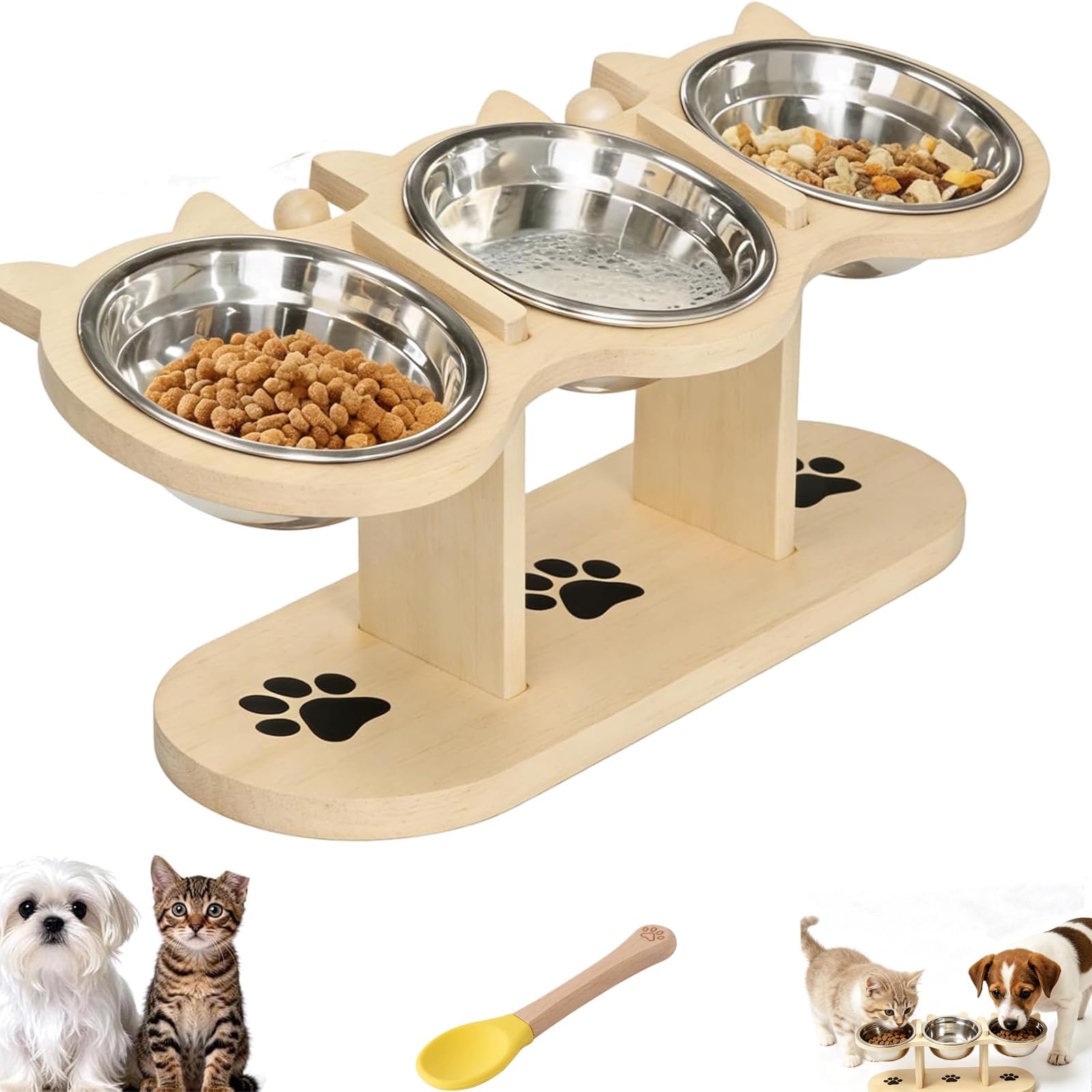 Antislip Elevated 3 Bowl Pet Feeder, Cat Bowls With Stand Tilted,Stainless Steel Raised Cat Bowl, 3-In-1 Food And Water Bowl Set for Cats, Puppy And Small Dog (Natural wood color (three bowls))