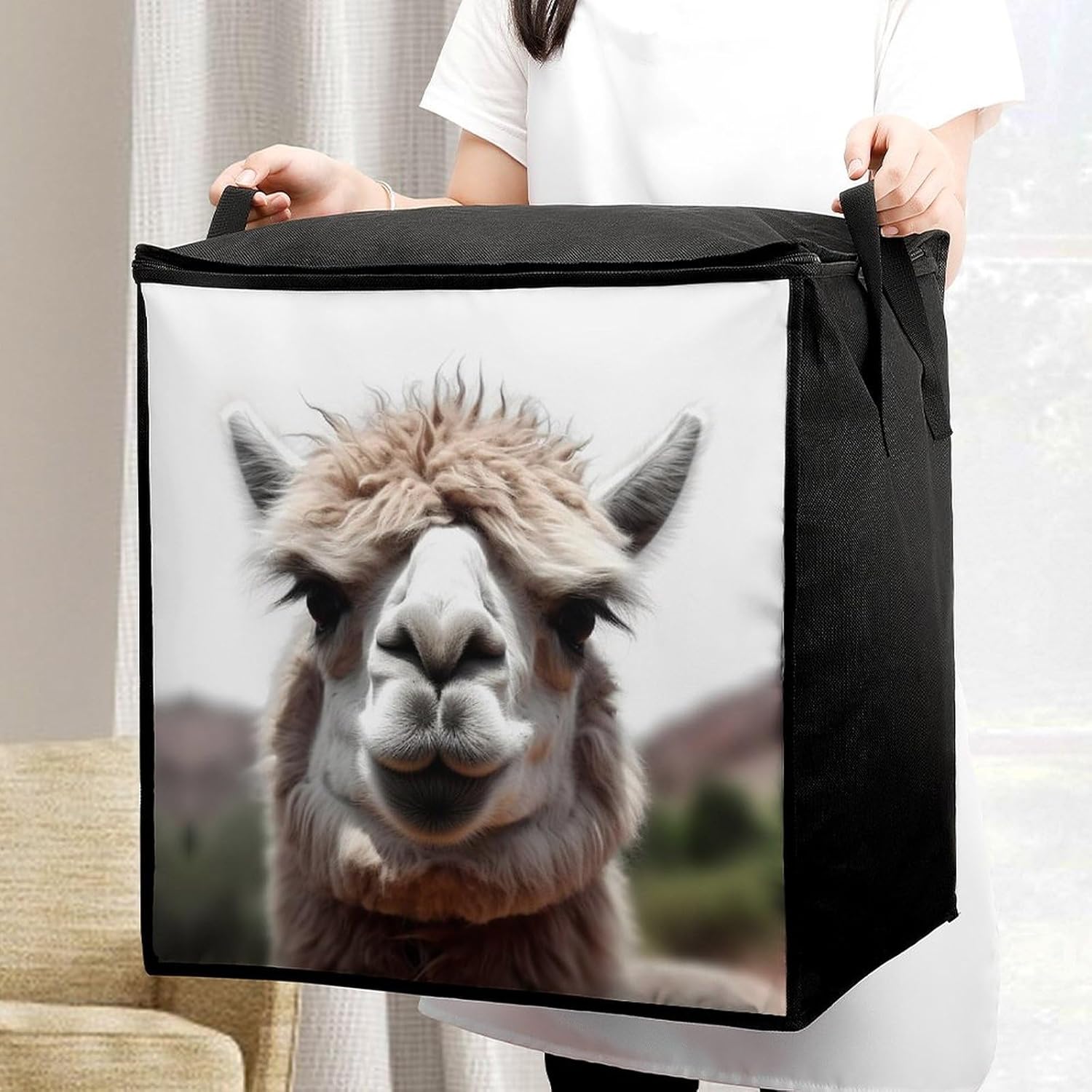 Quilt Storage Bag,Funny Alpaca Llama Printed Large Foldable Storage Container Portable Travel Storage Bag for Blankets, Quilts, Clothes, Comforter, Bedding And Pillows