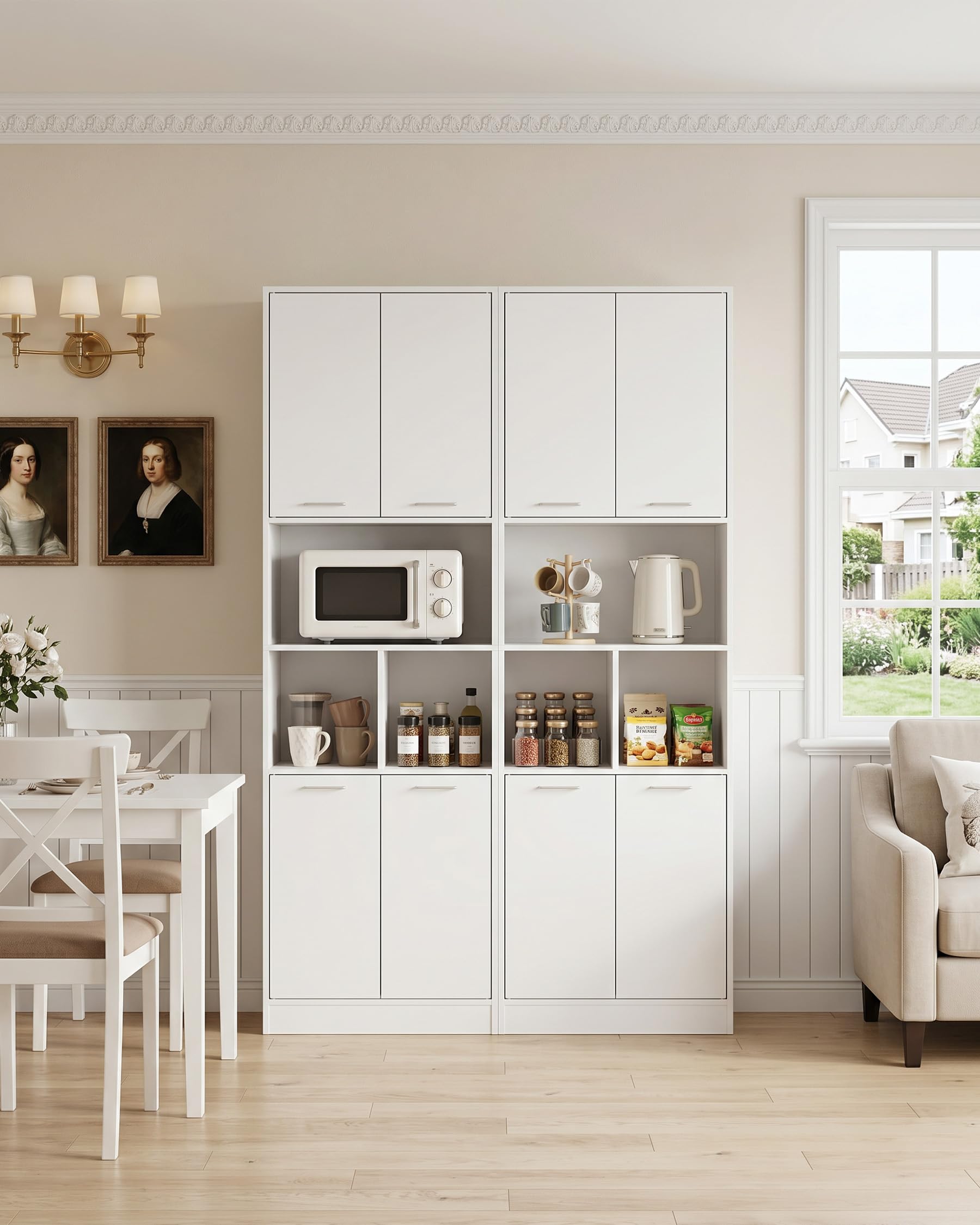 hitsuki Armario Cocina 60x40x180.5cm Mueble Almacenaje con Estantes Ajustables Vitrina para Cocina Salón Baño Blanco