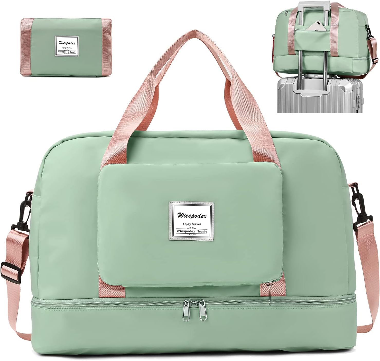 Wiespodex Per Ryanair Airlines - Borsone da viaggio pieghevole, 50 x 32 x 28,5 cm, borsa da viaggio pieghevole per la notte, per donne e uomini (con tracolla), Verde