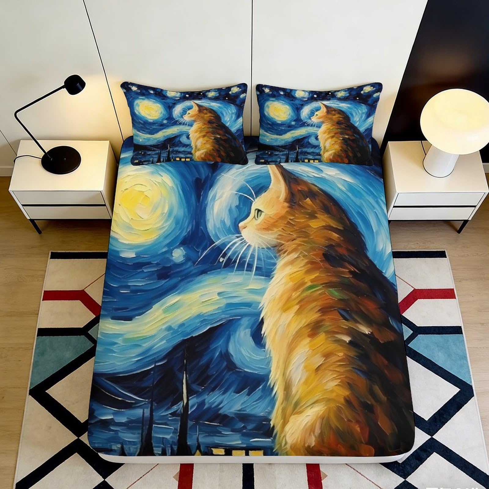 3D Printed Starry Night Cat Fitted Sheet Microfiber Soft Mattress Cover for Bedroom Guest Room Dorm Decor 140x200x25cm