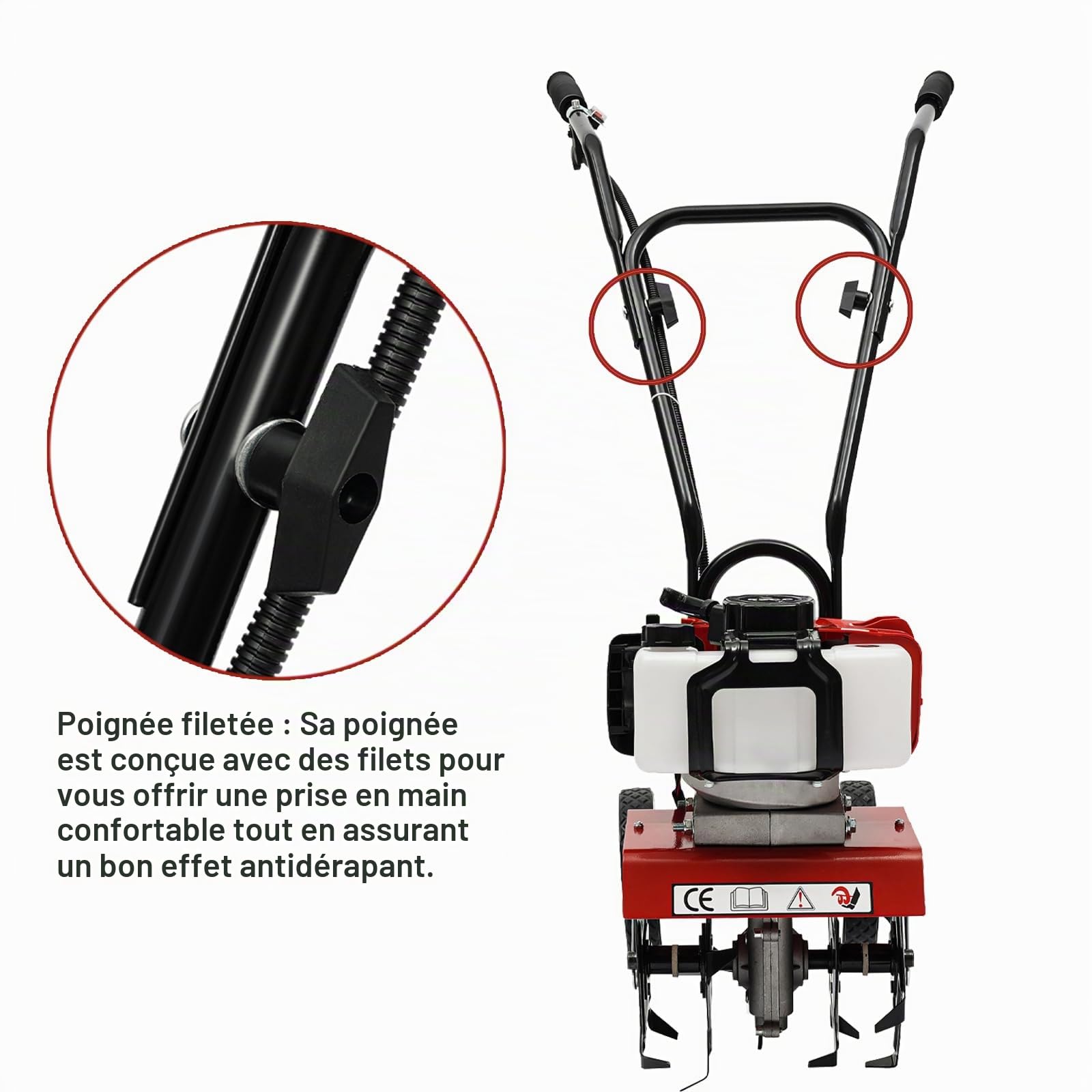 Motoculteur à essence 52CC 2 temps avec 4 lames en acier, largeur de travail de 35 cm, roues réglables en hauteur pour creuser et enlever les mauvaises herbes