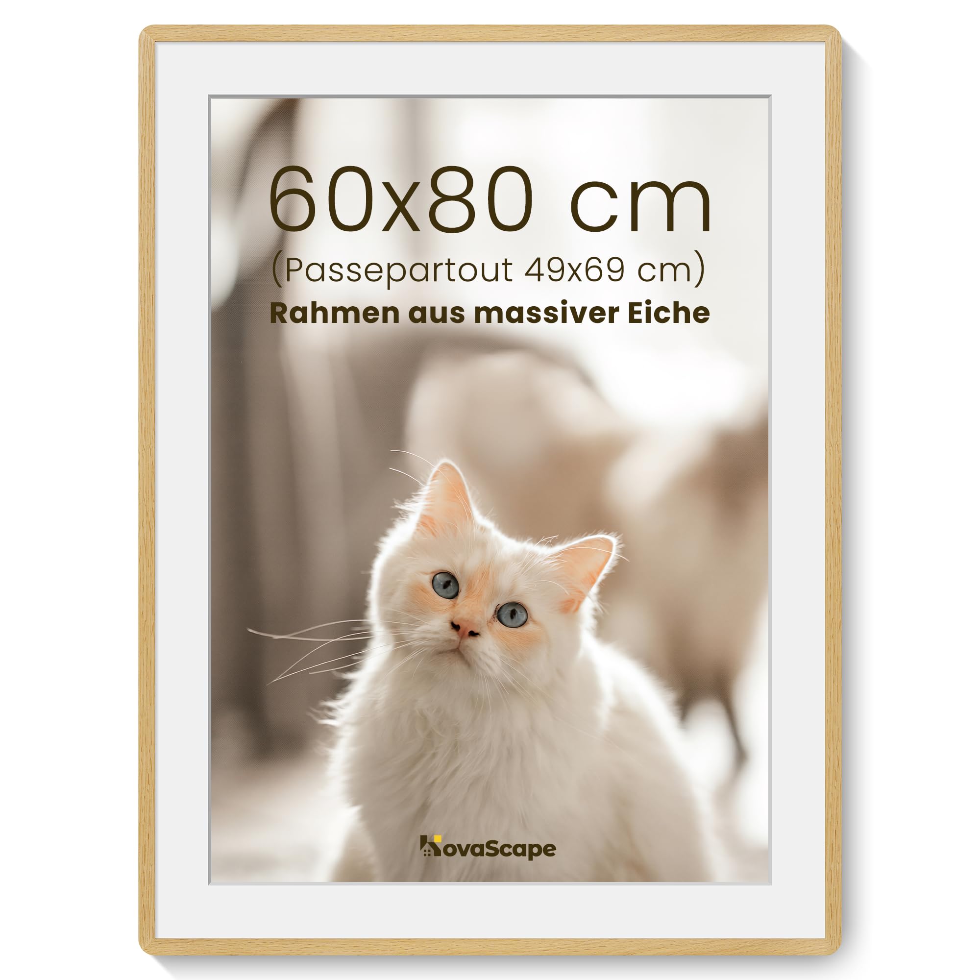 Ramka na zdjęcia z litego drewna dębowego 60 x 80 cm (A2 z passe-partout), ramka na zdjęcia ze szkłem hartowanym HD i zaokrąglonymi narożnikami do salonu i certyfikatami, montaż ścienny
