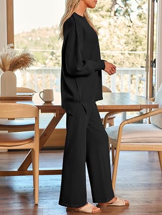 LILLUSORY Women 2 Piece Outfits Sweatsuit Oversized Knit Pullover Sweater Tops Wide Leg Pants Lounge Set