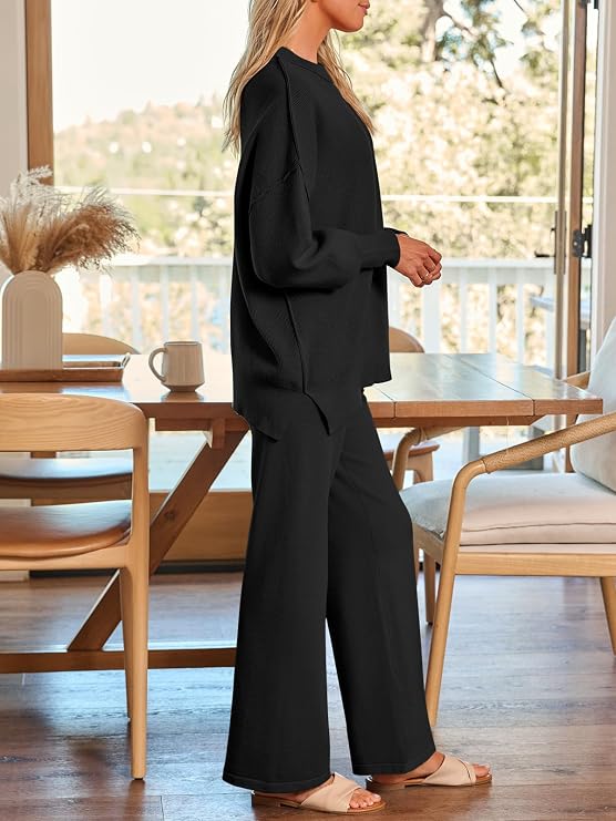 LILLUSORY Women 2 Piece Outfits Sweatsuit Oversized Knit Pullover Sweater Tops Wide Leg Pants Lounge Set