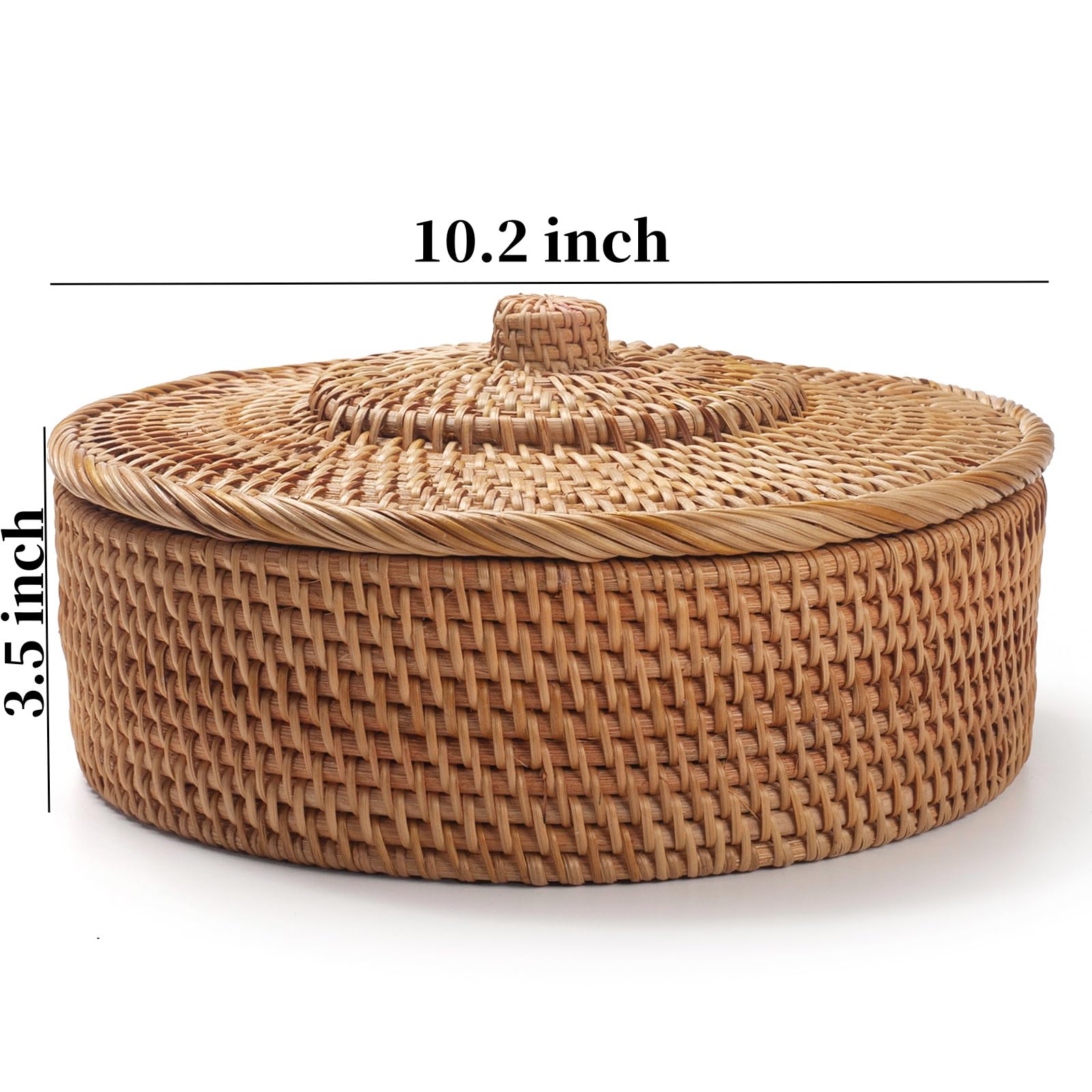 Cesta de Mimbre con Tapa, Cesta de Almacenamiento de Ratán Redonda, Caja Decorativa de Fruta de Tejida para Cocina, Sala de Estar