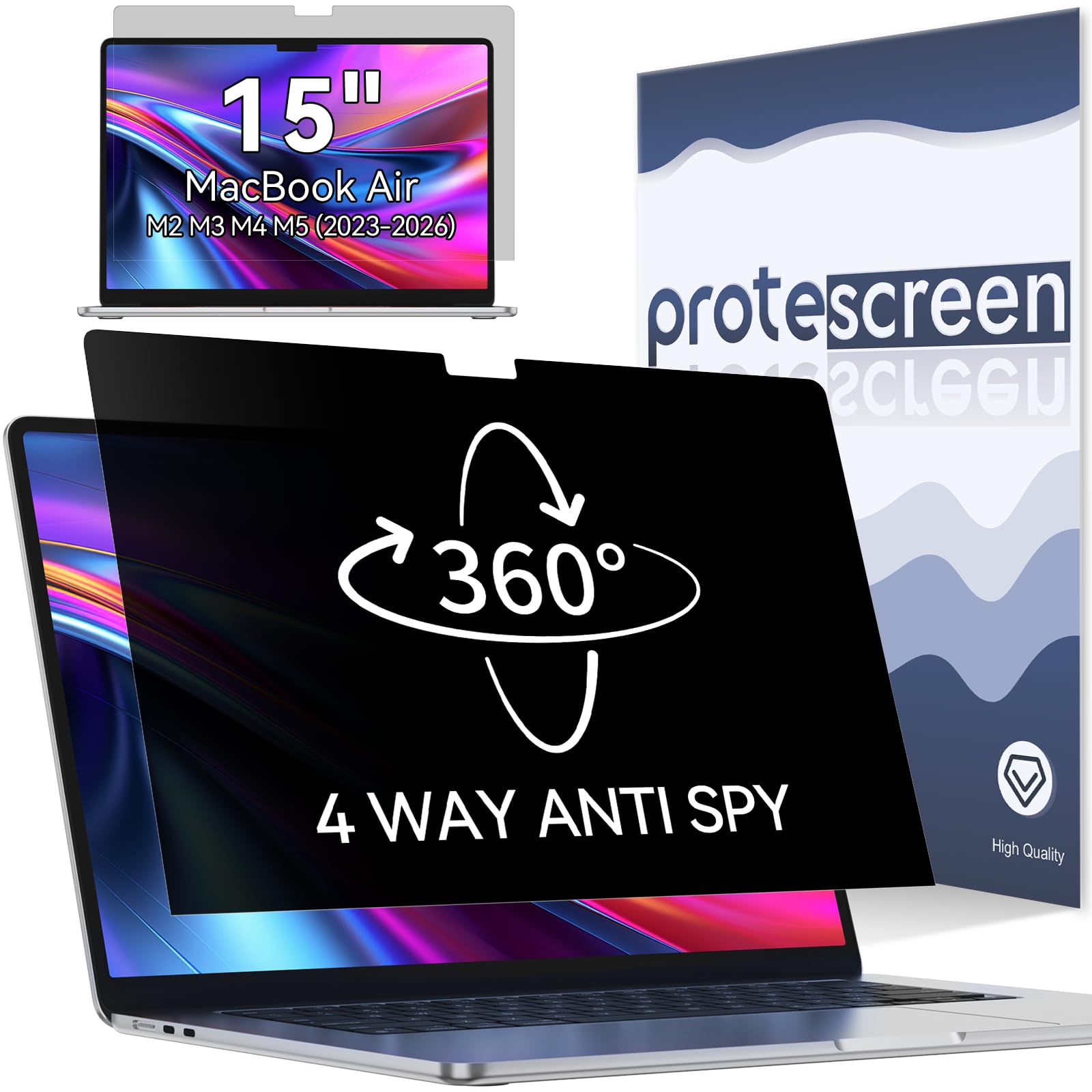 360° Privacy Screen for MacBook Air 15 Inch (2023-2026, M2 M3 M4 M5) - A2941 A3114 A3241 A3448, 4 Way Privacy Anti Glare Blue Light Filter Shield Film Anti Spy Laptop Protector for Mac 15.3In Computer