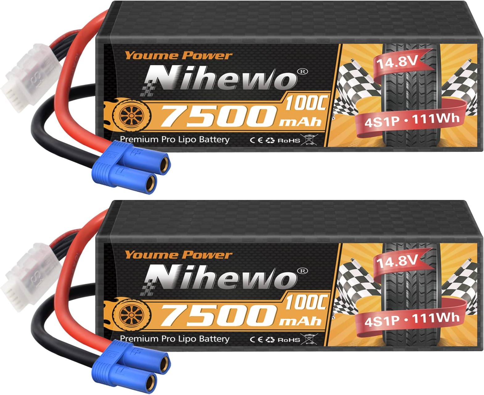 2Packs 4S Lipo Battery, 14.8V 7500mAh Lipo Batteries Hardcase 100C EC5 Plug Compatible with Arrma E-flite 1/5 1/6 1/7 1/8 Scale RC Car Truck Truggy Vehicles Tank Boat Airplane Models