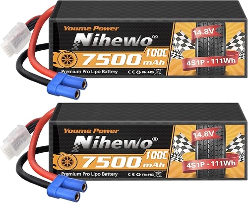 Nihewo Paquete de 2 baterías Lipo 4S, 14.8V 7500mAh Lipo Baterías Hardcase 100C EC5 Plug Compatible con Arrma E-flite 15 16 17 18 Escala RC Auto