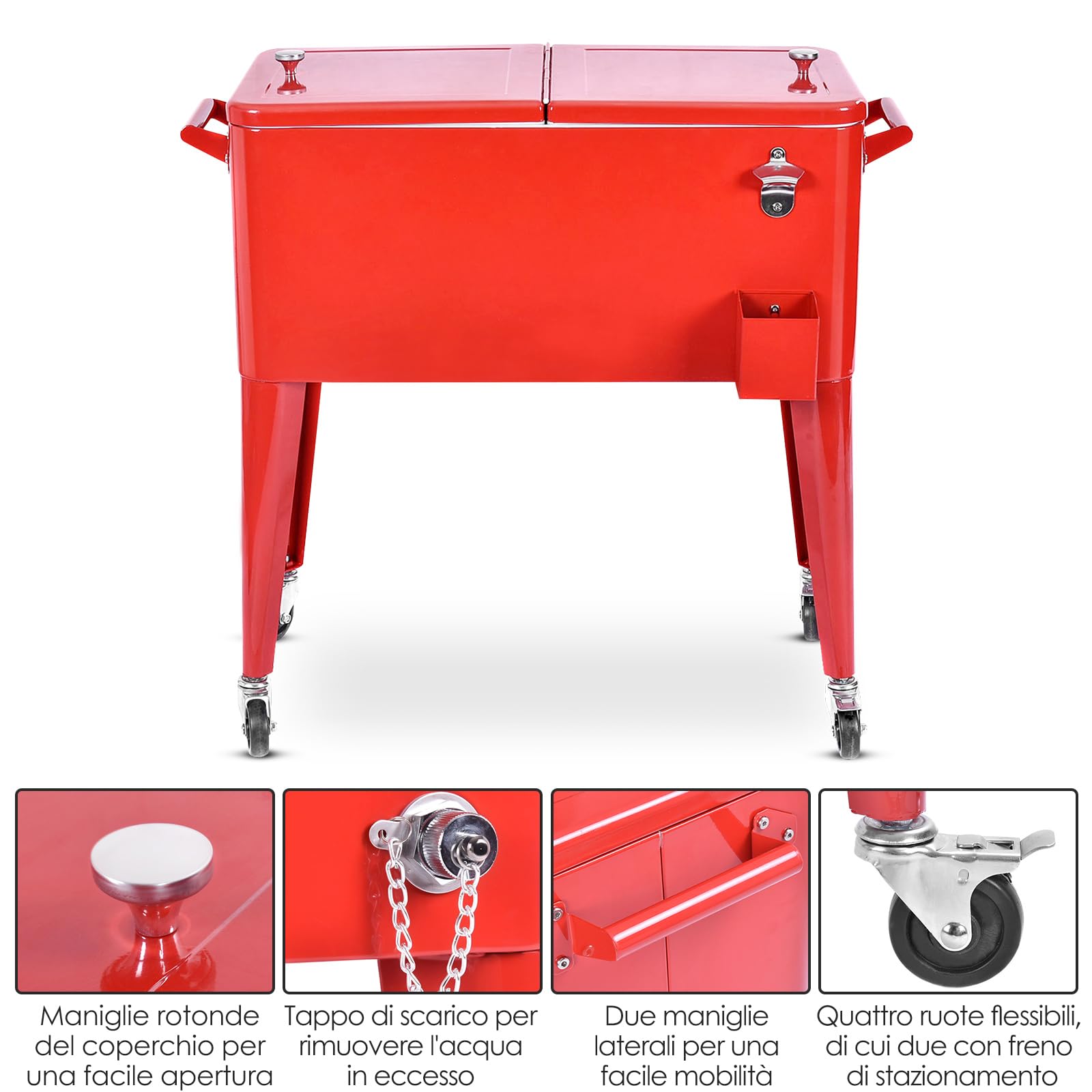 COSTWAY Carrello Portavivande Refrigerante 76L con Ruote Bloccabili e Apribottiglie 79x40x87 cm