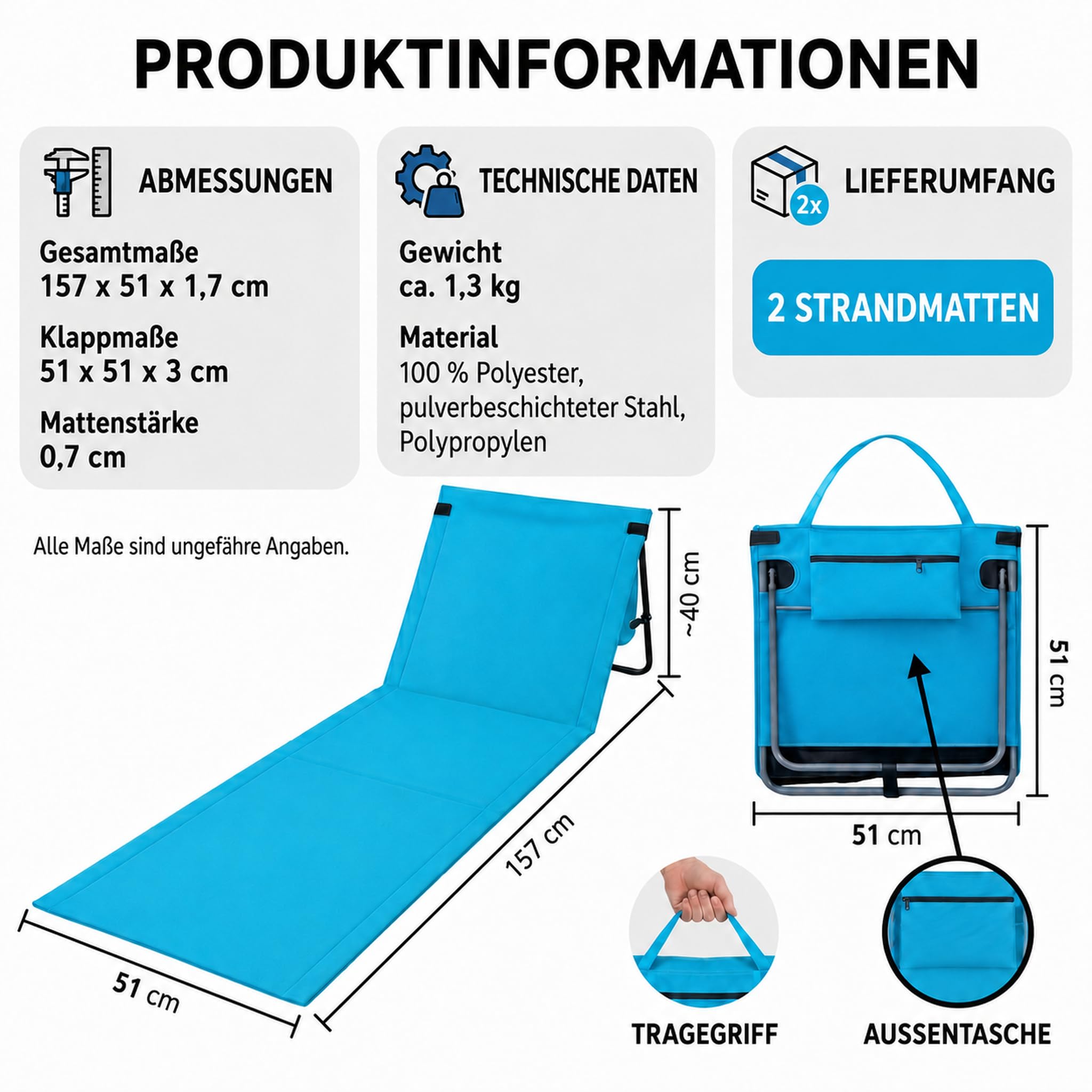 2er-Set Faltbare Strandliegen mit Verstellbarer Rückenlehne | Leichte gepolsterte Sonnenliegenmatten mit Schultergurt & Tasche, für Strand, Camping, Pool, Festivals, Reisen & Picknick