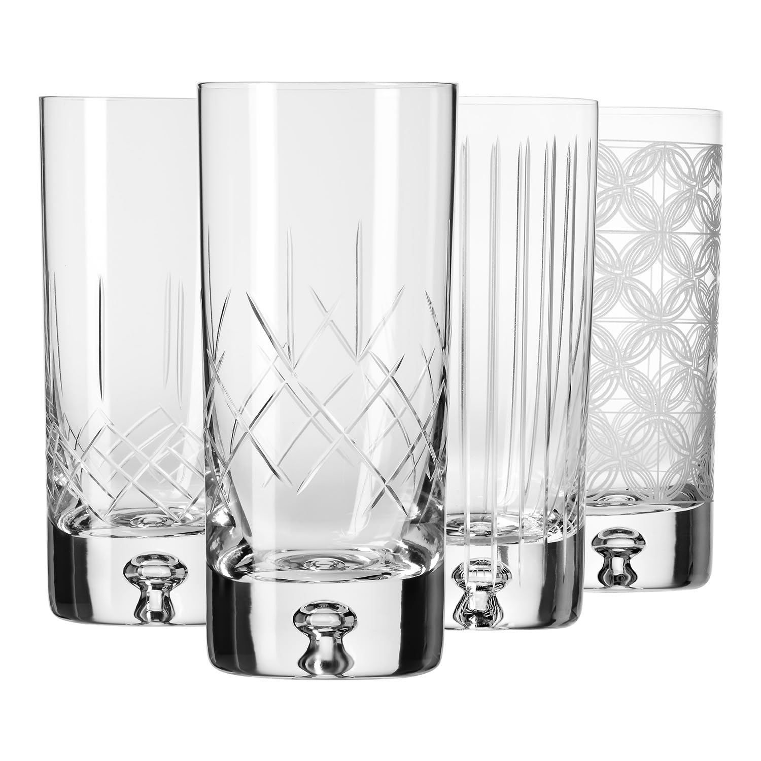 Krosno Transparent Water Glasses Set Of 4-300 Ml Different Handcrafted Cut Design - Crystal Drinking Tumblers For Juice And Cocktails - Saga Collection