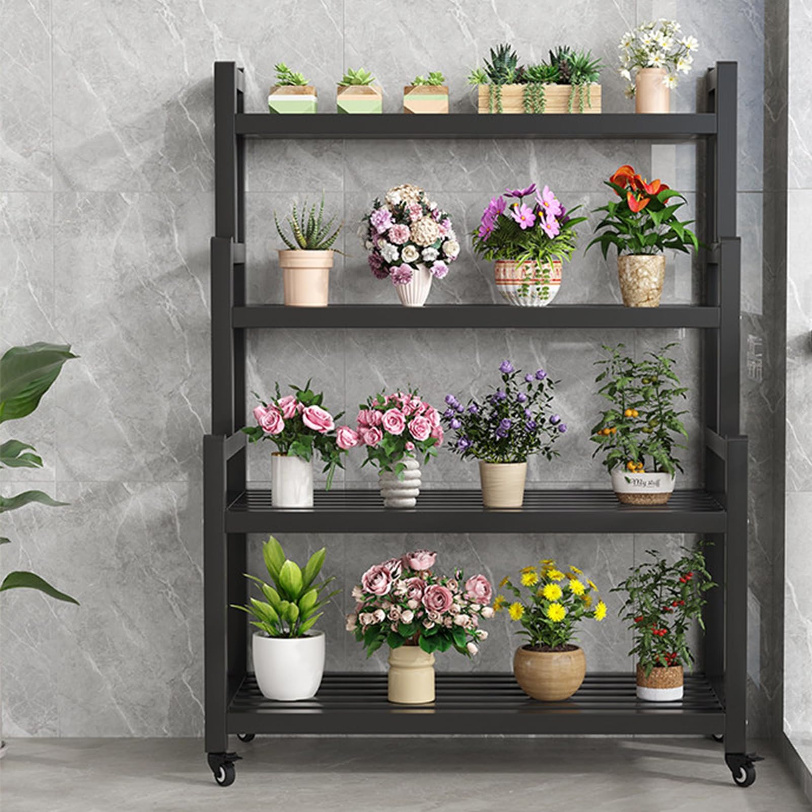 DMCHENGMA 4 Tier Plant Stand with Wheels, Black Metal Iron Plant Shelf for Indoor Outdoor, Heavy Duty Metal Tall Plant Stands Holder Rack(100x40x145cm)
