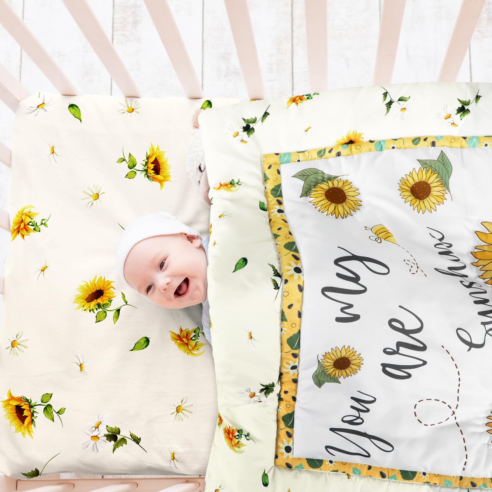 Mixweer 3 szt. słonecznik pszczoła łóżeczko dziecięce zestaw pościeli dla dziewczynki żółte prześcieradła do łóżeczka dziecięcego You Are My Sunshine Toddle Sheets żółty kwiatowy neutralny standardowy