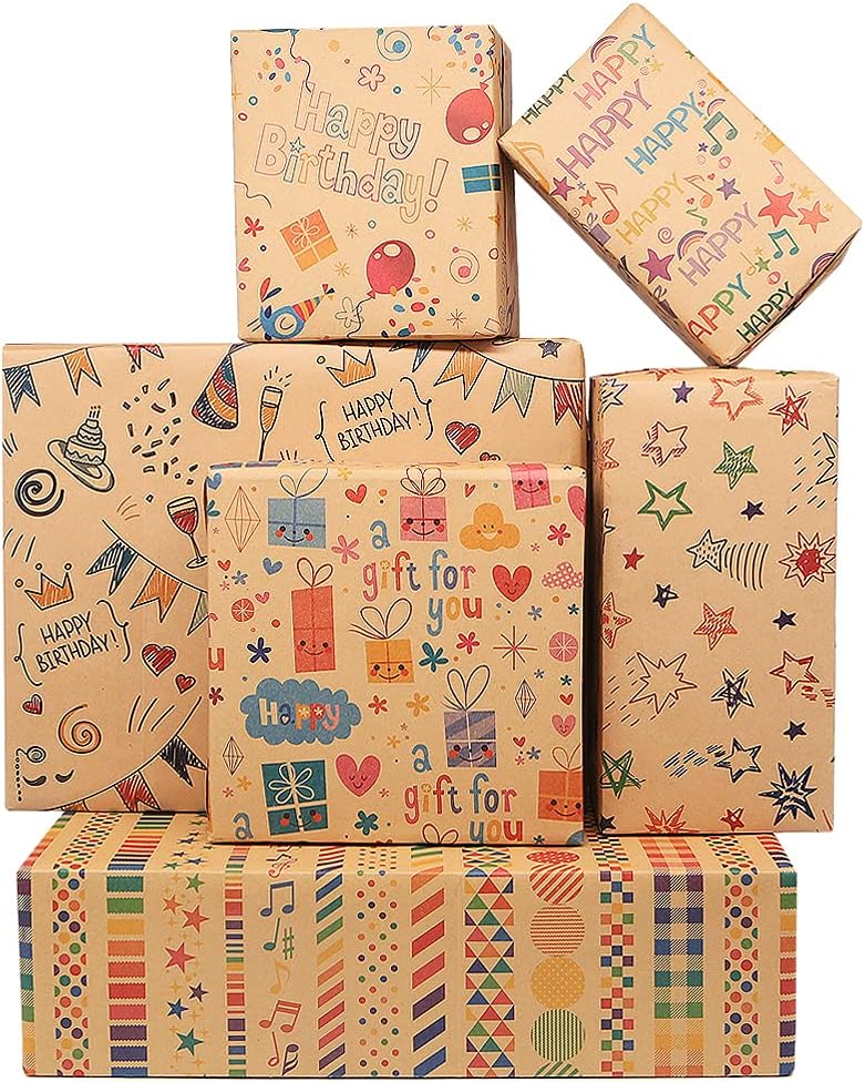 Happy Birthday Wrapping Paper for Kids Girls Women Adults Boys Men, Kraft Brown Recycled Gift Wrapping Paper 20x28" Per sheet(12 sheets:45 sq.ft.ttl.) w/ Jute Strings, Stickers and Tags for all Celebrate Occasion