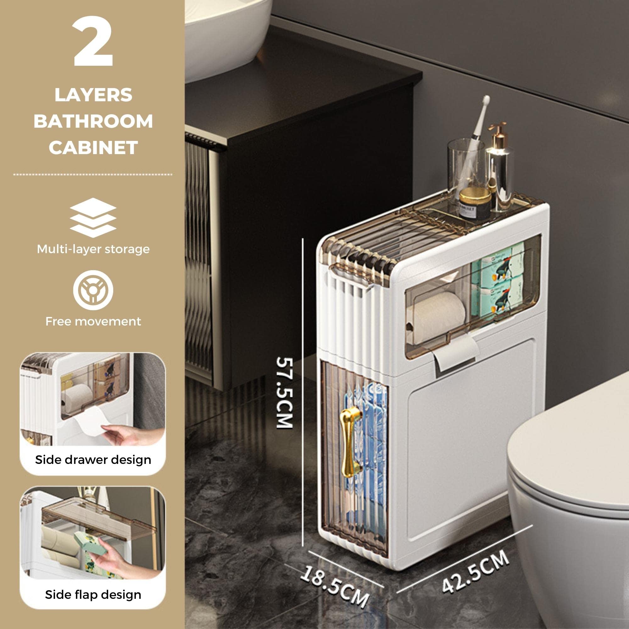 MAGIC SELECT Organizer da Bagno Stretto. Armadio Ausiliario con Ruote per Spazi Ristretti. Mobile Laterale con 2 Cassetti Compatti per Carta Igienica, Detersivi, Accessori Bagno.