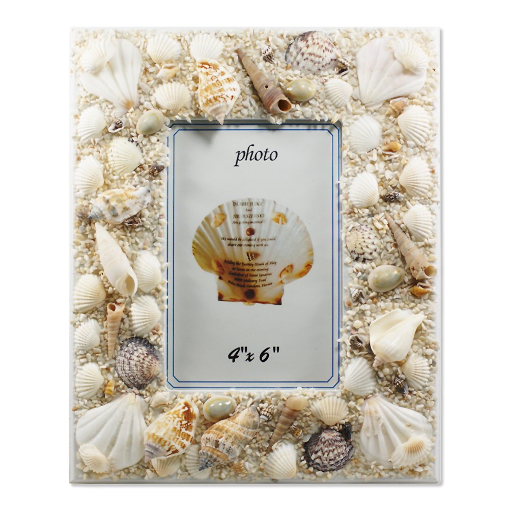 Nautical "Sand And Seashells" Standard-Size 4" x 6" Real Natural Beach Sand And Seashells Tabletop Or Wall Hanging Photo Frame