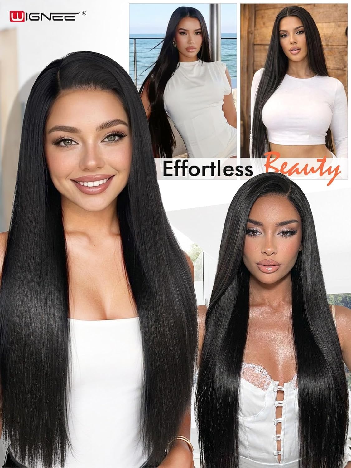 WIGNEE Lace Front Wig Recta Negro 13x6 Prepeluca Diario Y Fiesta