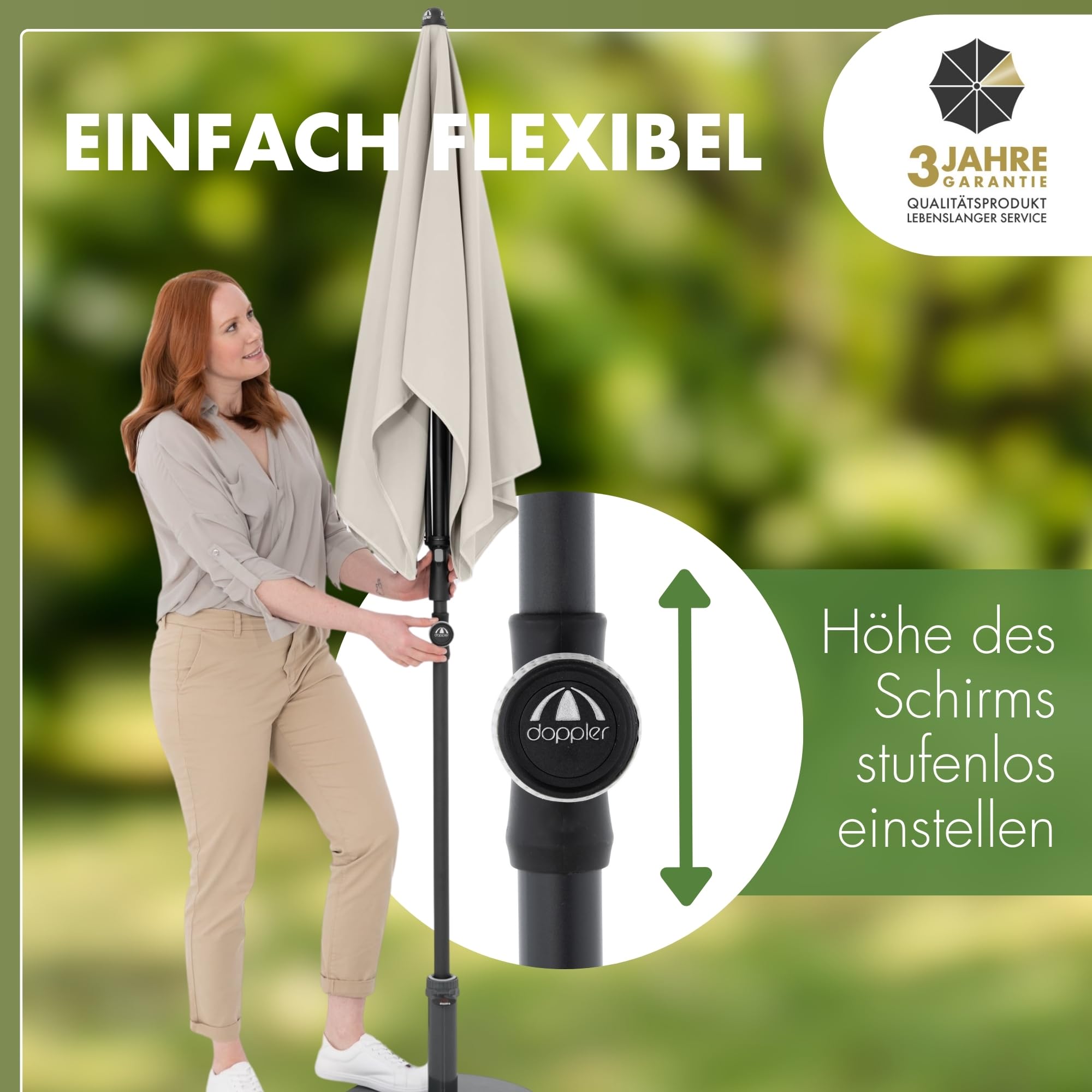 Doppler Sonnenschirm Rethink 180x120 cm, Natur, Balkonschirm mit Hülle | Rechteckiger Gartenschirm, Balkonschirm Schirm aus 100% recyceltem Polyester, Handöffner, neigbar & höhenverstellbar, UV 50+