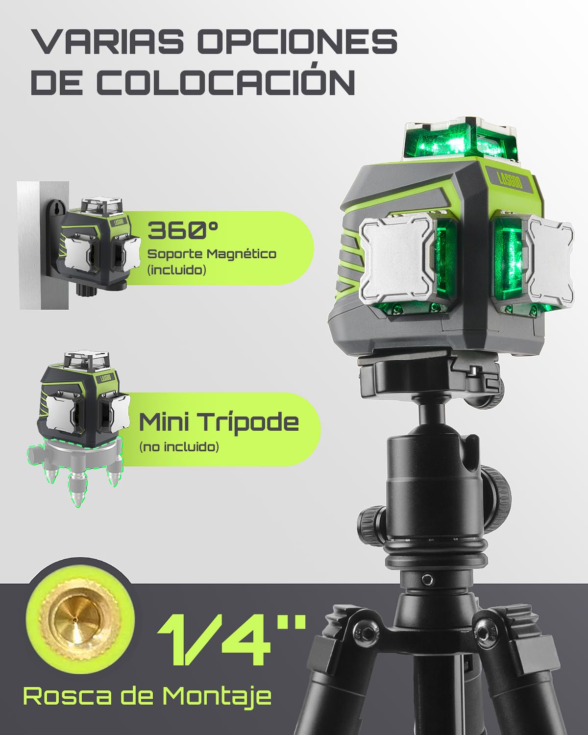 LasGoo Nivel Láser 3x360° Autonivelante, Láser de Línea Cruzada Verde 3D para Construcción y Colgar Cuadros, Batería Recargable, Control Remoto, Soporte Giratorio Magnético Incluido - LG-3Dx