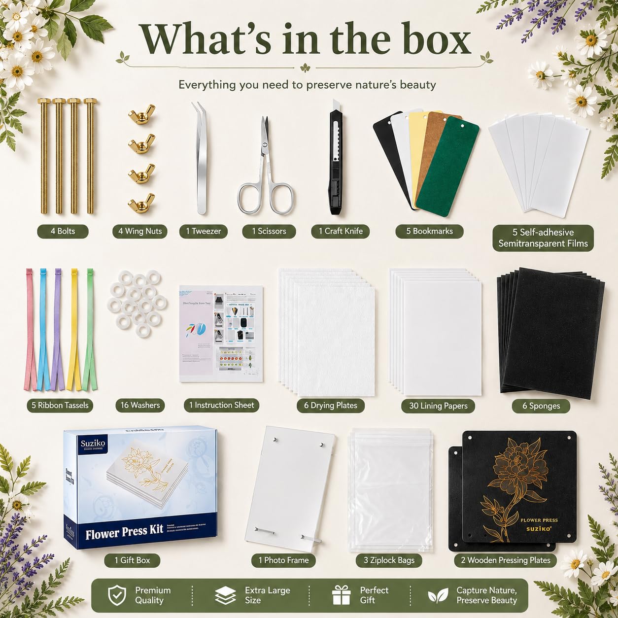 Suziko Große Blumenpresse mit Fotorahmen, Blumenpressen-Set, Maße 30 x 22 cm,6 Schichten Blumenpressen-Set für Erwachsene und Kinder - Tolles Geschenk für Kunst- und Handwerksliebhaber und Tochter