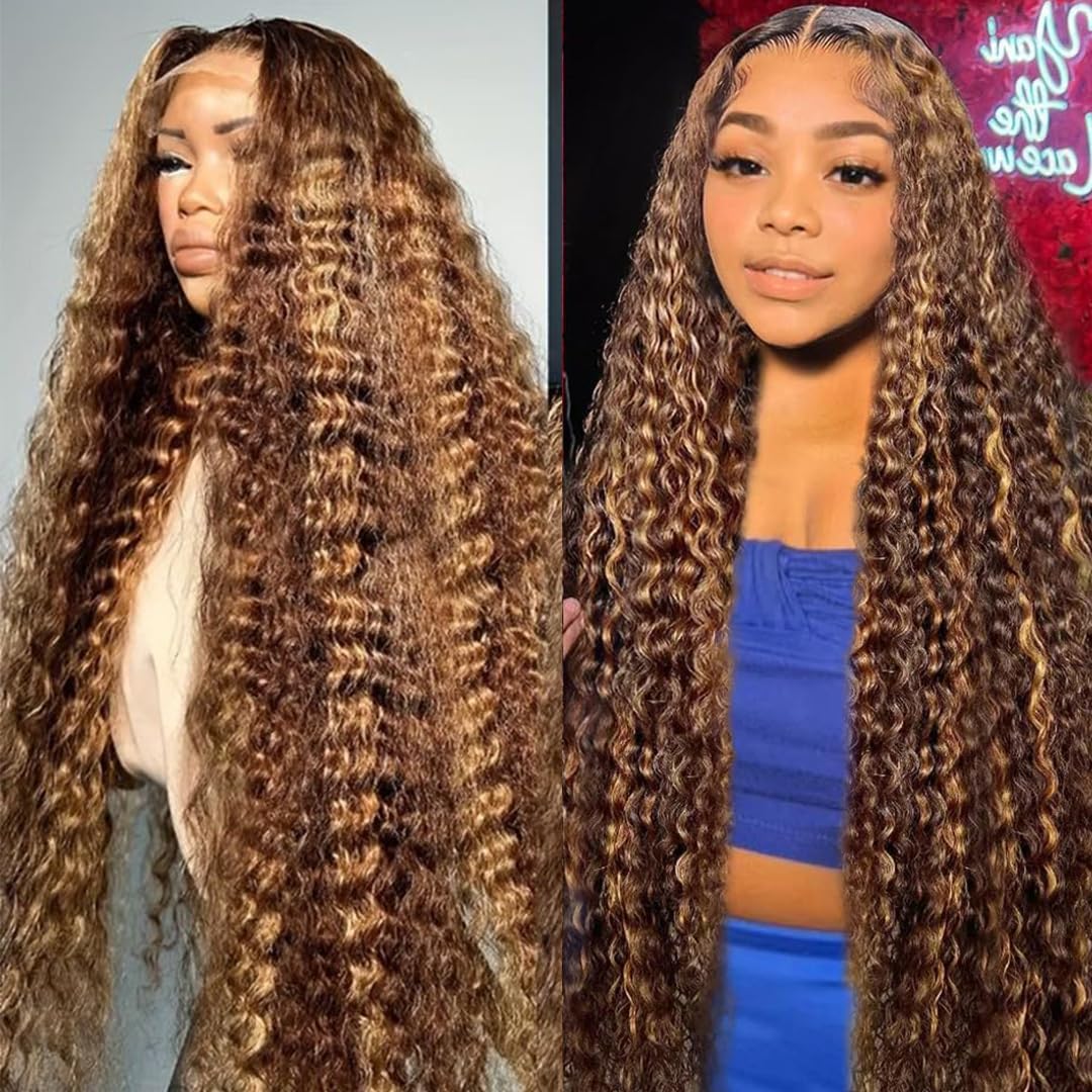 Hoiloxa Ombre Lace Front Wig Human Hair Highlight Deep Wave Wig 5x5 HD Lace Closure Wigs Human Hair Honey Blonde Wig Human Hair 4/27 Curly Wet and