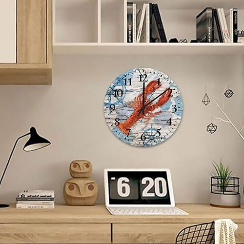Miniatura 4 de Reloj de madera de langosta de 12 pulgadas, silencioso, sin tictac, conchas y estrellas de mar, decoración de playa, reloj de pared de madera
