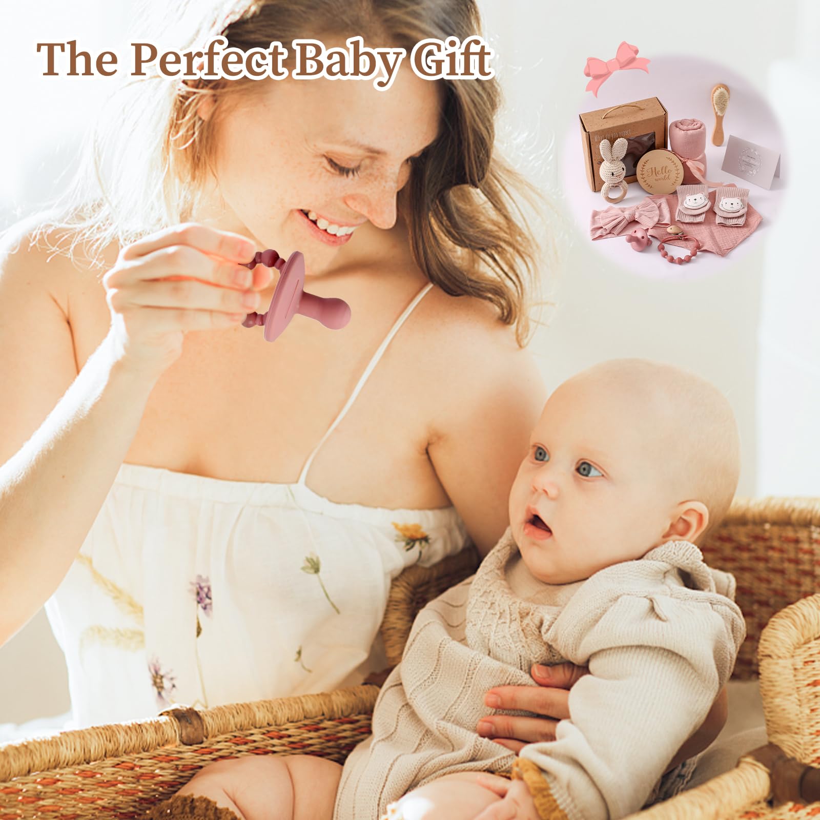 WOODEN TEETHER Zestaw 10-częściowy dla dziewczynki, prezent dla dziewczynki i chłopca dla noworodka, ręczniki kąpielowe, uchwyt na smoczek, dzwoneczek, kartki z kamieniami milowymi, fartuchy