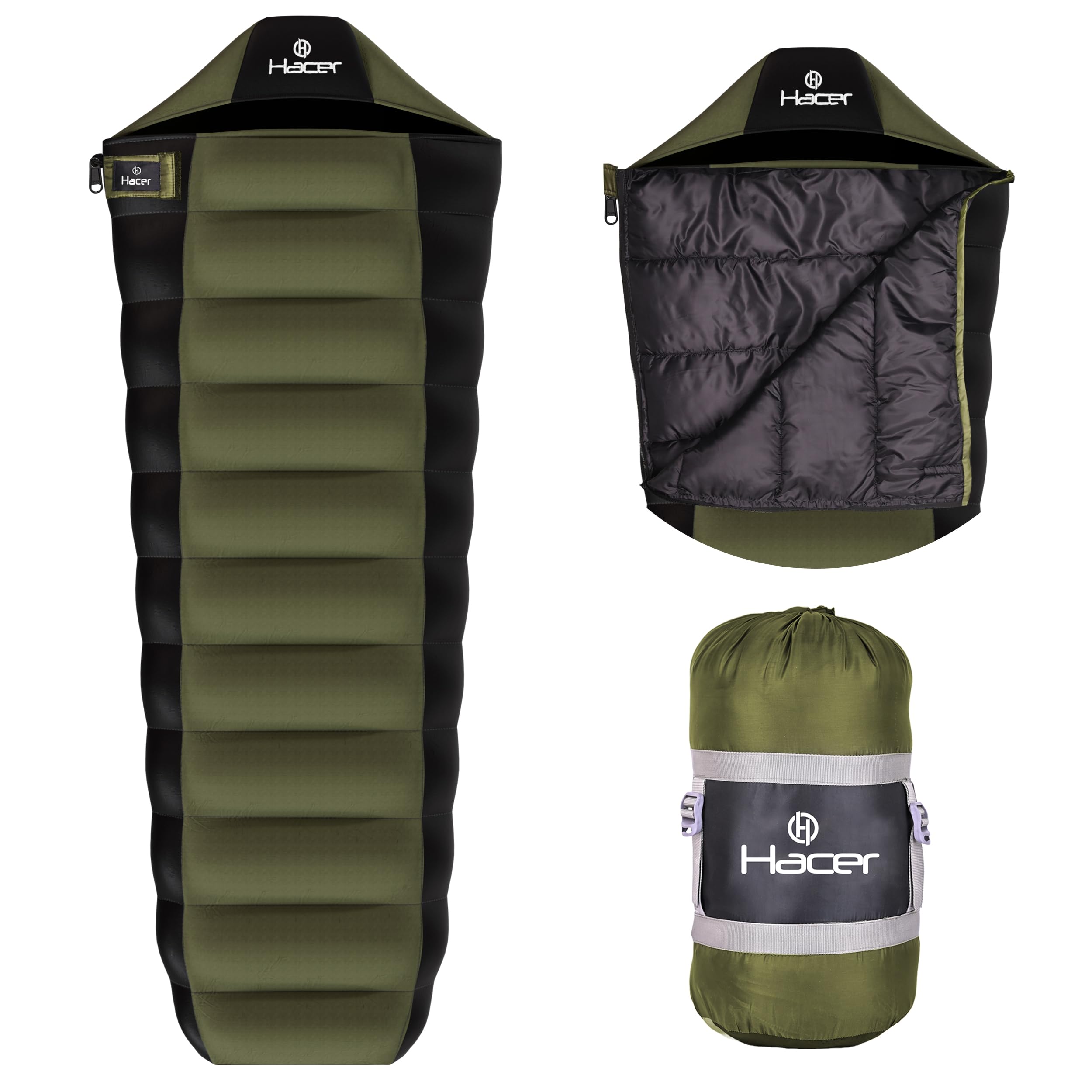 Khardunga La Camping Sleeping Bag +6°C to +15°C Mummy Shape Polyester Lining Comfortable Hiking Trekking Bags for Baby, Men & Women-Height Upto 6.8ft -(Olive Green & Black, 1.2 kg)